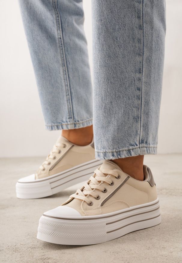 Born2be - Beżowe Klasyczne Trampki na Grubej Podeszwie Araenes. Kolor: beżowy. Materiał: jeans. Szerokość cholewki: normalna. Wzór: gładki. Styl: klasyczny