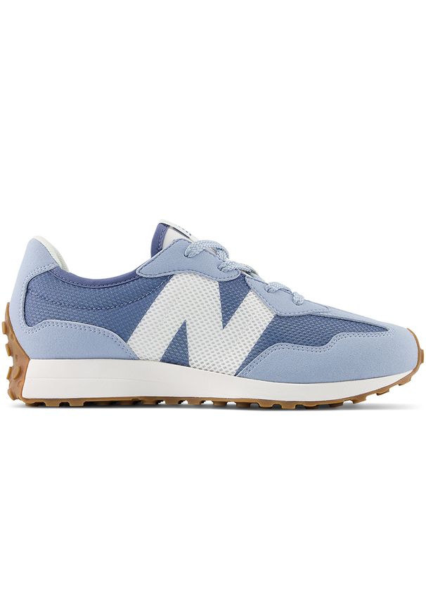 Buty dziecięce New Balance GS327MQ – niebieskie. Kolor: niebieski. Materiał: guma, zamsz, skóra, materiał, syntetyk. Szerokość cholewki: normalna. Sezon: lato. Sport: turystyka piesza