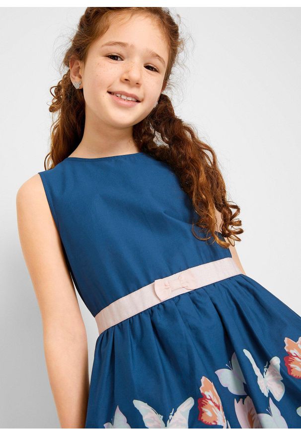 bonprix - Sukienka mini o linii litery A. Typ kołnierza: kokarda. Kolor: niebieski. Wzór: nadruk. Długość: mini
