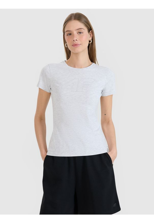 4f - 4F T-shirt slim z nadrukiem damski - szary XL. Okazja: na co dzień. Kolor: szary. Materiał: elastan, bawełna, materiał, dzianina, jersey. Wzór: nadruk. Styl: klasyczny, casual, sportowy