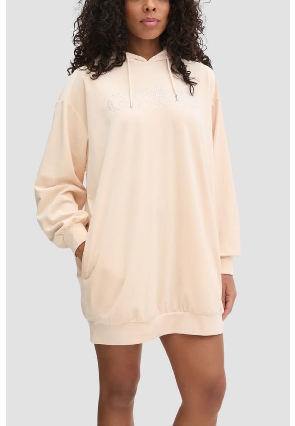 Guess - GUESS Beżowa damska długa welurowa bluza Couture, Rozmiar S. Kolor: beżowy. Materiał: welur. Długość: długie