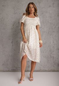 Renee - Jasnobeżowa Rozkloszowana Sukienka z Tencelu w Stylu Baby Doll w Kwiatowy Print Harele. Okazja: na co dzień. Kolor: beżowy. Wzór: nadruk, kwiaty. Typ sukienki: rozkloszowane. Materiał: poliester. Długość rękawa: krótki rękaw. Sezon: lato. Styl: casual. Długość: mini #5