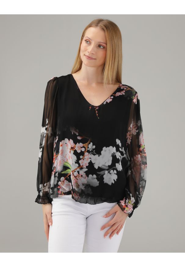 Unisono - JEDWABNA BLUZKA W KWIATY 160-6085F NERO. Materiał: jedwab. Wzór: kwiaty