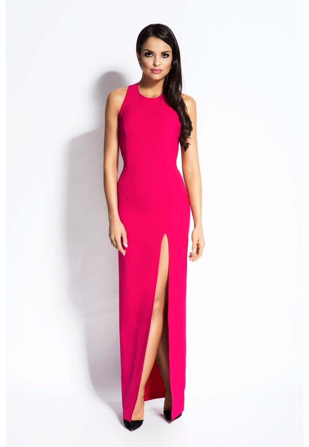 Dursi - Fuksja Sukienka Elegancka Maxi Długim Rozporkiem. Kolor: różowy. Materiał: elastan, poliester. Styl: elegancki. Długość: maxi