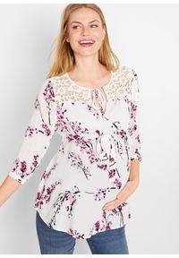 bonprix - Bluzka ciążowa z wiskozy. Kolekcja: moda ciążowa. Kolor: biały. Materiał: wiskoza. Wzór: aplikacja
