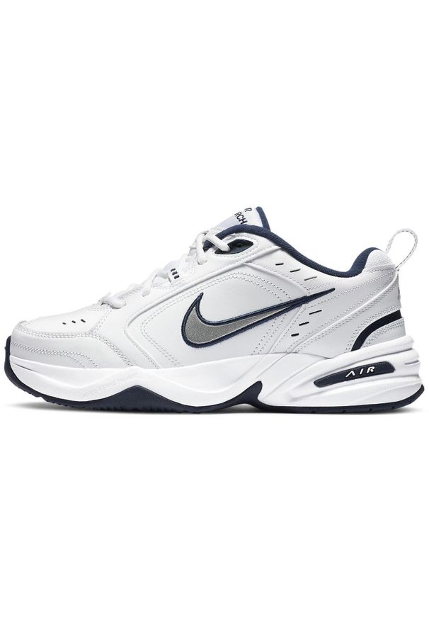 Buty do chodzenia męskie Nike Air Monarch IV. Zapięcie: sznurówki. Kolor: biały, wielokolorowy, niebieski. Materiał: tkanina, materiał, skóra, syntetyk. Szerokość cholewki: normalna. Sport: turystyka piesza