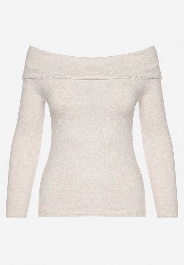 Born2be - Jasnobeżowy Sweter z Wiskozą i Wywiniętym Dekoltem Corivie. Okazja: na co dzień. Kolor: beżowy. Materiał: wiskoza. Styl: elegancki, klasyczny, casual