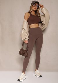 Renee - Brązowe Basicowe Legginsy High Waist Tofelia. Okazja: na co dzień. Stan: podwyższony. Kolor: brązowy. Styl: klasyczny, casual