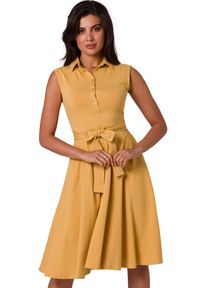 BeWear - Sukienka rozkloszowana bawełniana z kołnierzykiem żółta. Okazja: na imprezę, na co dzień. Kolor: żółty. Materiał: bawełna. Styl: casual