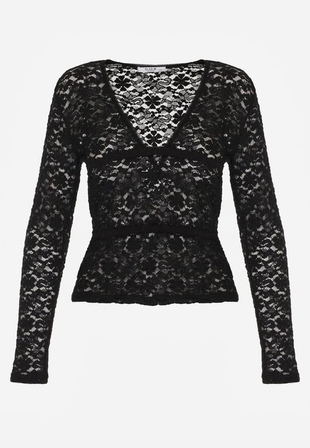 Born2be - Czarna Koronkowa Bluzka z Długim Rękawem i Dekoltem w Serek Senafera. Typ kołnierza: dekolt w serek. Kolor: czarny. Materiał: koronka. Długość rękawa: długi rękaw. Długość: długie. Styl: klasyczny, elegancki
