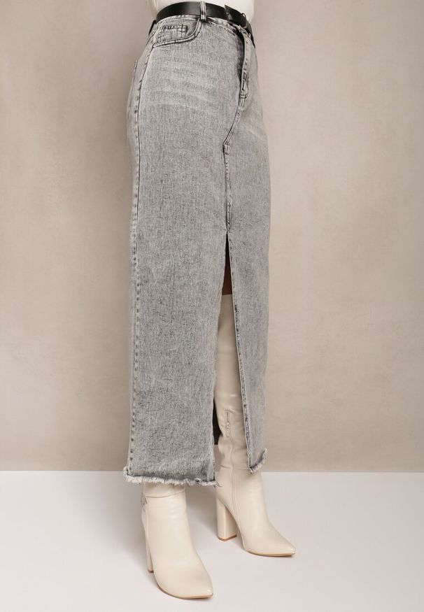 Renee - Szara Spódnica Jeansowa Maxi z Paskiem Mullese. Stan: podwyższony. Kolor: szary. Materiał: jeans. Styl: klasyczny