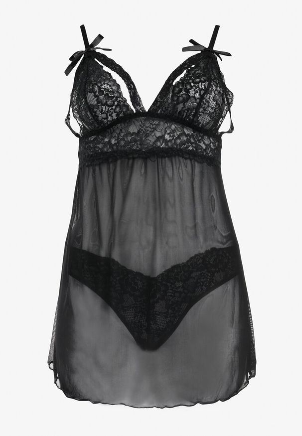 Born2be - Czarna Koronkowa Koszula Nocna na Regulowanych Ramiączkach z Majtkami Dines. Kolor: czarny. Materiał: koronka. Wzór: koronka