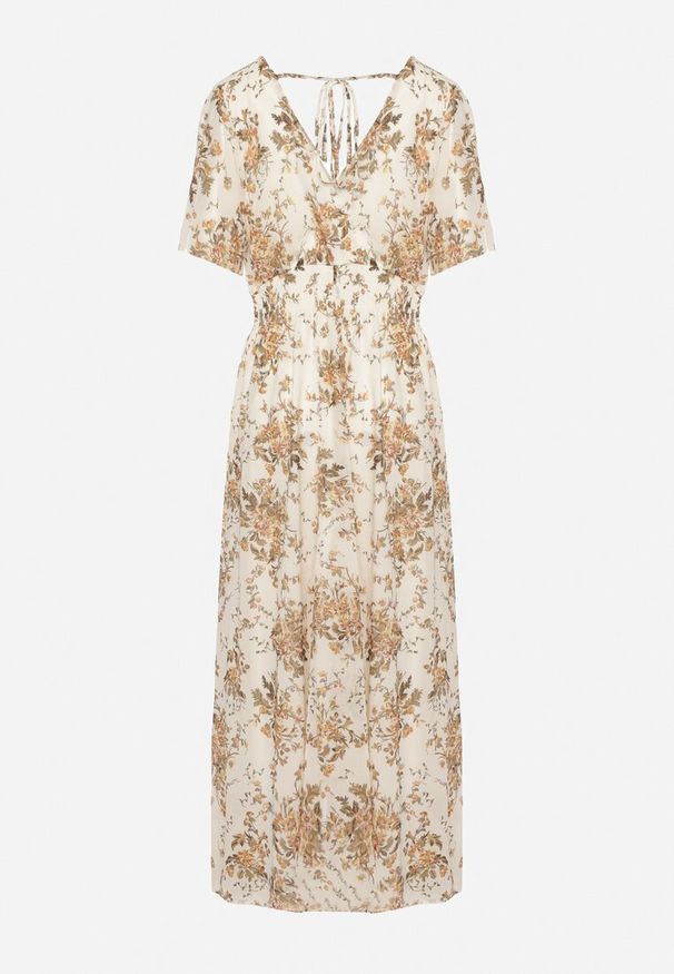 Born2be - Beżowa Rozkloszowana Sukienka z Krótkim Rękawem i Gumką w Pasie Wiązana na Plecach Jolla. Kolor: beżowy. Długość rękawa: krótki rękaw. Styl: klasyczny