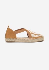 Born2be - Brązowe Espadryle z Gumką na Plecionej Podeszwie Zdobione Haftem Fodarilla. Okazja: na co dzień, na spacer. Kolor: brązowy. Materiał: koronka. Wzór: aplikacja, haft. Styl: boho, klasyczny, elegancki, casual #5