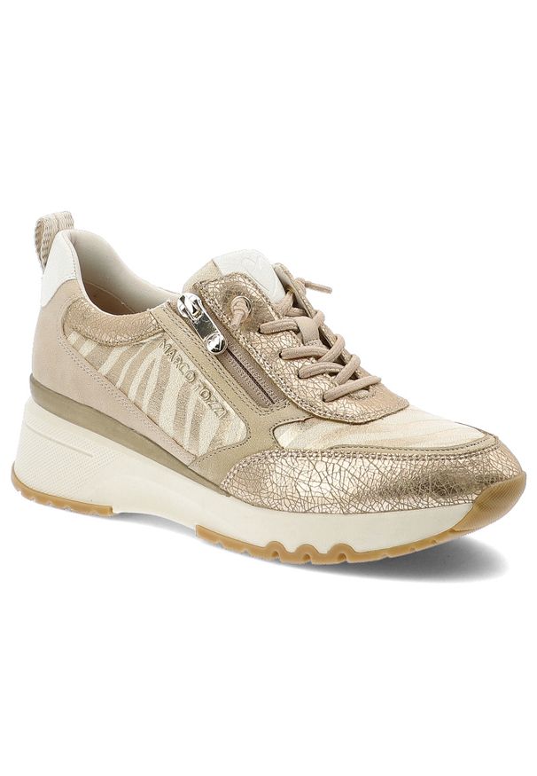 Złote Sneakersy Marco Tozzi Modne Obuwie Damskie. Okazja: na co dzień. Zapięcie: zamek. Kolor: złoty. Szerokość cholewki: normalna. Obcas: na platformie. Styl: sportowy, elegancki, casual