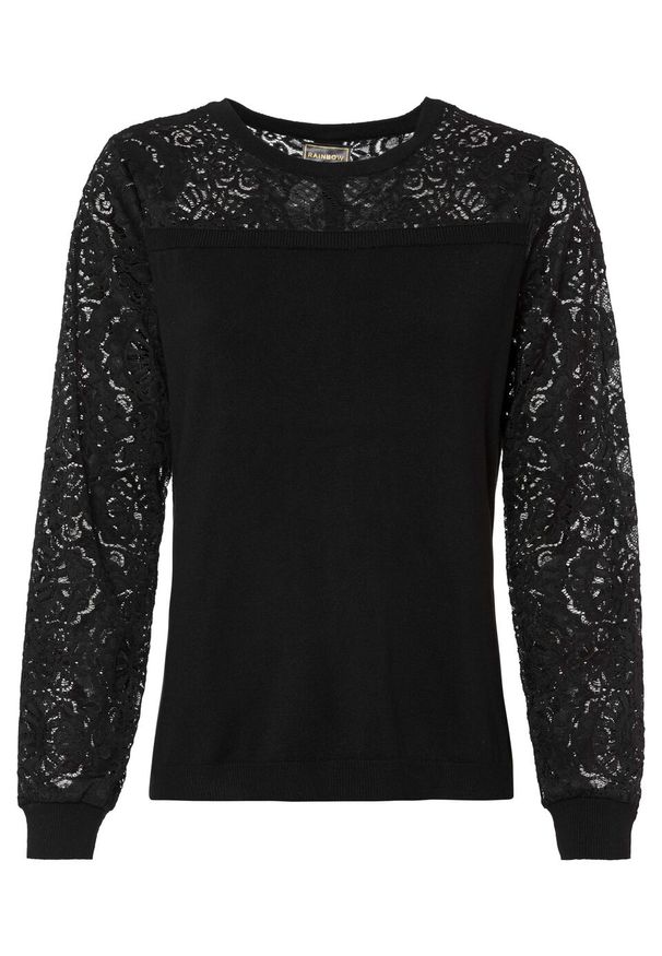 Sweter z koronką bonprix czarny. Kolor: czarny. Materiał: koronka. Wzór: koronka