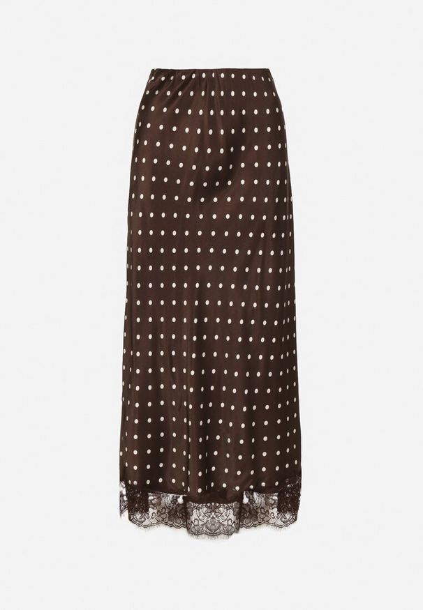 Born2be - Brązowa Wiskozowa Spódnica z Wysokim Stanem w Kropki z Koronką Monivesa. Okazja: na co dzień. Stan: podwyższony. Kolor: brązowy. Materiał: wiskoza, koronka. Wzór: kropki, koronka. Styl: casual, elegancki
