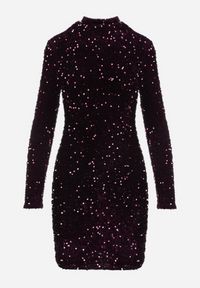 Born2be - Fioletowa Dopasowana Sukienka Mini z Półgolfem Zdobiona Cekinami Jurottja. Kolor: fioletowy. Długość rękawa: długi rękaw. Wzór: aplikacja. Typ sukienki: proste. Długość: mini #7