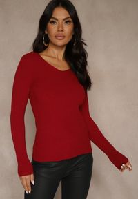 Renee - Bordowy Sweter z Bawełną z Prążkowanej Dzianiny Reisaria. Okazja: na co dzień. Kolor: czerwony. Materiał: prążkowany, dzianina, bawełna. Styl: casual, klasyczny #5