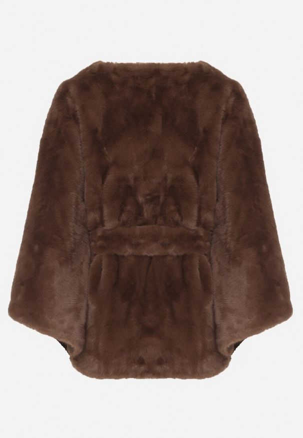 Born2be - Brązowe Ponczo z Futerkiem i Wiązanym Paskiem Monalena. Okazja: na co dzień, do pracy, na spotkanie biznesowe. Kolor: brązowy. Materiał: futro. Styl: casual, biznesowy, elegancki