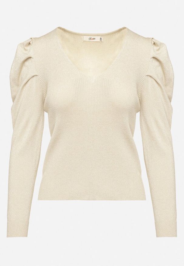 Born2be - Jasnobeżowy Sweter z Wiskozą Metaliczną Nicią i Bufiastymi Rękawami Sanellia. Okazja: na spotkanie biznesowe. Kolor: beżowy. Materiał: wiskoza. Styl: biznesowy, elegancki
