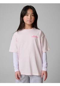 4f - 4F T-shirt loose z nadrukiem dziewczęcy - różowy 146/152 (10-12 lat). Okazja: na spacer, na co dzień, na uczelnię. Kolor: różowy. Materiał: dzianina, bawełna, skóra, materiał. Wzór: nadruk. Sezon: lato. Styl: casual #1
