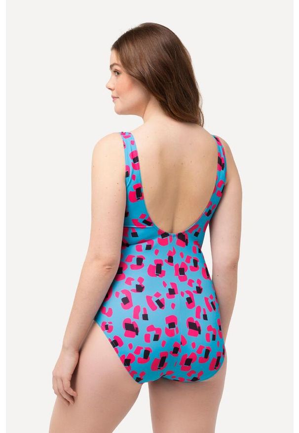 ULLA POPKEN - Damskie Strój kąpielowy neonowy nadruk bez miękkich miseczek marszczenie. Kolekcja: plus size. Kolor: niebieski. Materiał: poliester, materiał, elastan. Wzór: nadruk