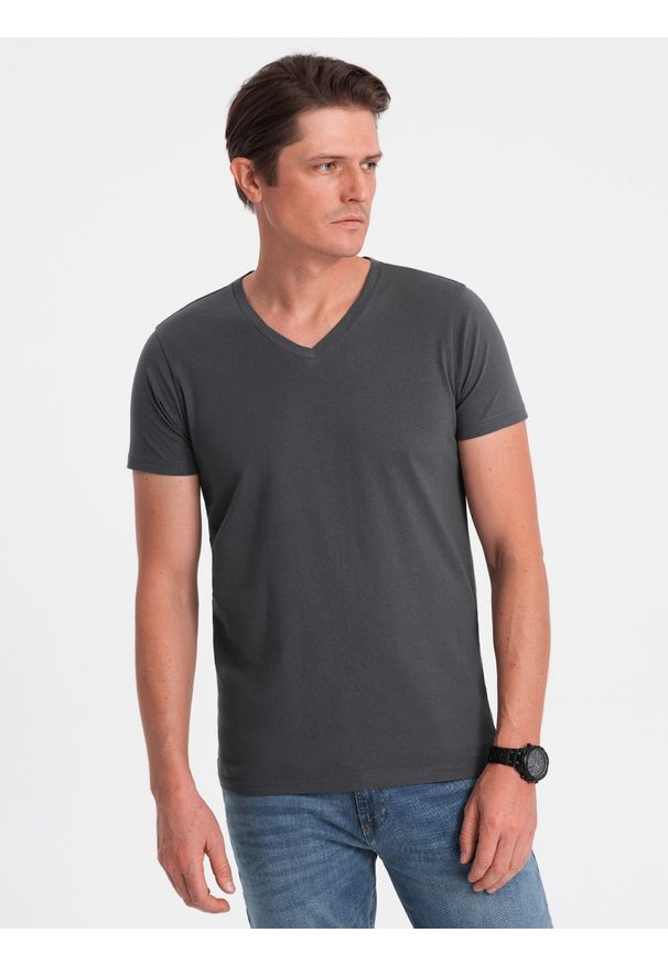 Ombre Clothing - Klasyczna męska bawełniana koszulka z dekoltem w serek BASIC - grafitowa V3 OM-TSBS-0145 - XL. Typ kołnierza: dekolt w serek. Kolor: szary. Materiał: bawełna. Styl: klasyczny