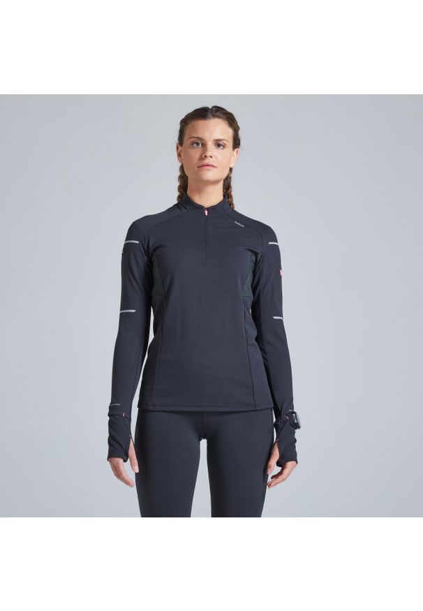 KIPRUN - Koszulka do biegania z długim rękawem damska Kiprun Warm Light cienka ocieplana. Materiał: poliester, materiał, elastan. Długość rękawa: długi rękaw. Długość: długie. Sezon: zima. Sport: fitness