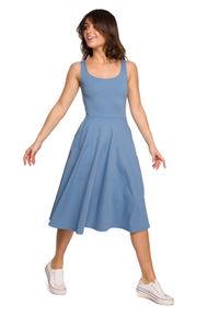MOE - Bawełniana Rozkloszowana Sukienka na Ramiączkach - Niebieska. Kolor: niebieski. Materiał: bawełna. Długość rękawa: na ramiączkach