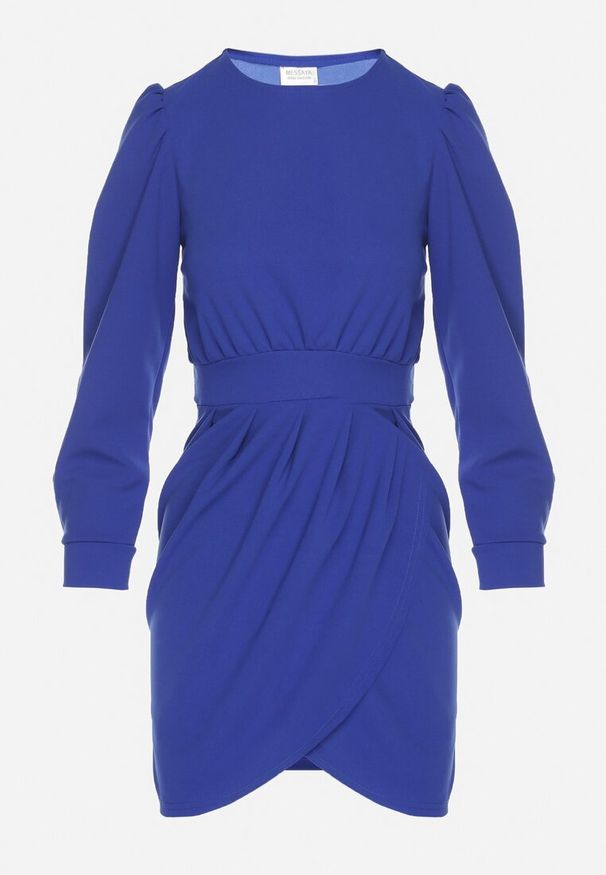 Born2be - Niebieska Sukienka z Marszczeniem i Bufiastymi Rękawami Redenia. Kolor: niebieski. Styl: klasyczny, elegancki