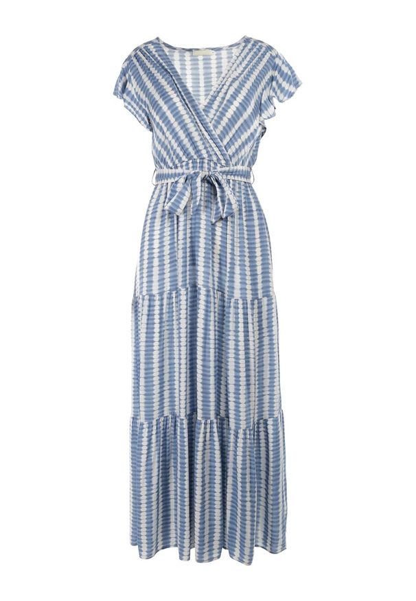 Born2be - Niebieska Sukienka Waeyo. Typ kołnierza: kołnierz z falbankami. Kolor: niebieski. Materiał: materiał, tkanina, wiskoza. Długość rękawa: krótki rękaw. Wzór: prążki, aplikacja. Typ sukienki: kopertowe. Długość: maxi