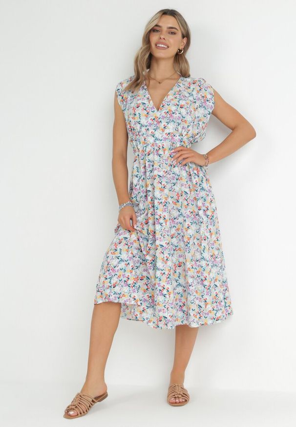 Born2be - Niebieska Sukienka Midi z Gumką w Pasie i Ozdobnym Wiązaniem na Plecach Jeve. Kolor: niebieski. Sezon: wiosna, lato. Długość: midi