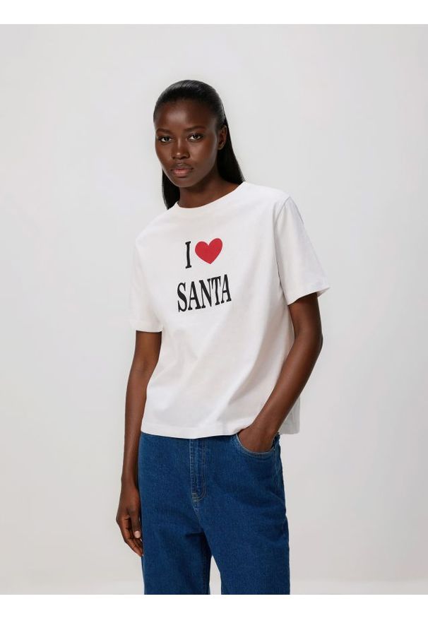 Reserved - T-shirt ze świątecznym motywem - biały. Kolor: biały. Materiał: bawełna, dzianina. Styl: wizytowy