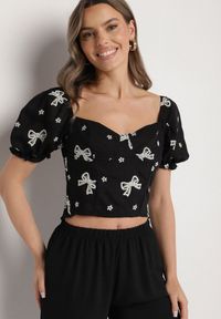 Born2be - Czarna Bluzka Ozdobiona Haftami w Kokardki z Bufiastymi Rękawami Eframara. Typ kołnierza: kokarda. Kolor: czarny. Materiał: jeans. Wzór: aplikacja, haft. Styl: klasyczny, elegancki #4