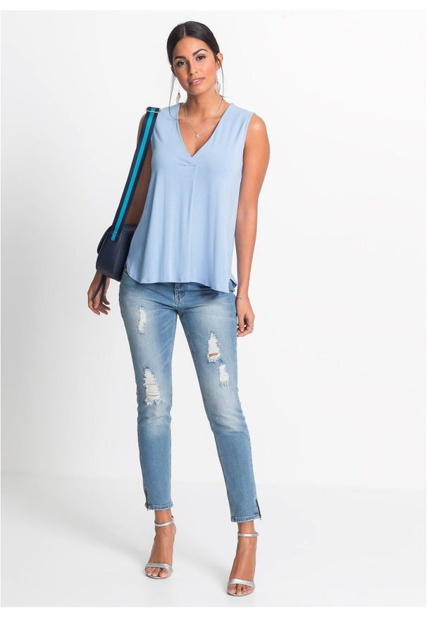 bonprix - Top z miękkiej mieszanki wiskozy. Typ kołnierza: dekolt w serek. Kolor: niebieski. Materiał: wiskoza. Styl: elegancki