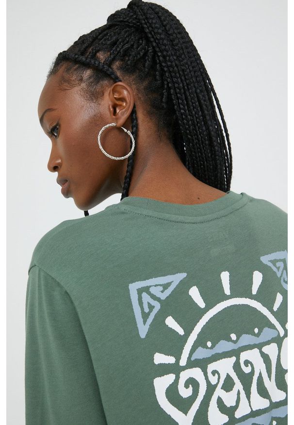 Vans longsleeve bawełniany kolor zielony. Kolor: zielony. Materiał: bawełna. Długość rękawa: długi rękaw. Wzór: nadruk