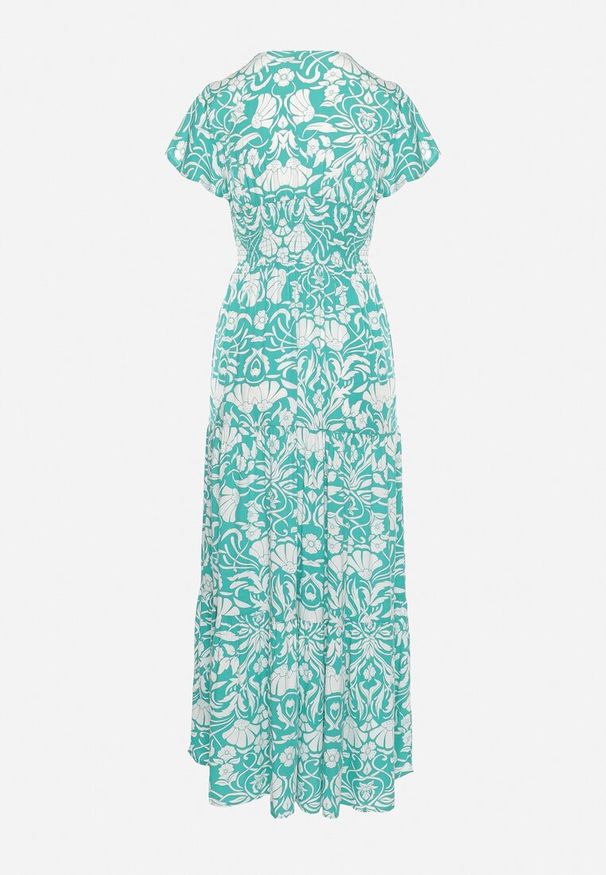 Born2be - Miętowa Rozkloszowana Sukienka Maxi z Luźnym Rękawem w Kwiatowy Print Oxeria. Kolor: miętowy. Wzór: kwiaty, nadruk. Sezon: lato. Typ sukienki: rozkloszowane. Długość: maxi
