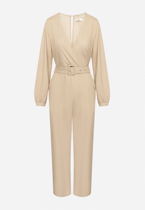 Born2be - Beżowy Bawełniany Kombinezon o Kopertowym Kroju z Paskiem i Gumką w Talii Mirrira. Kolor: beżowy. Materiał: bawełna. Długość rękawa: długi rękaw. Długość: długie. Styl: elegancki, klasyczny