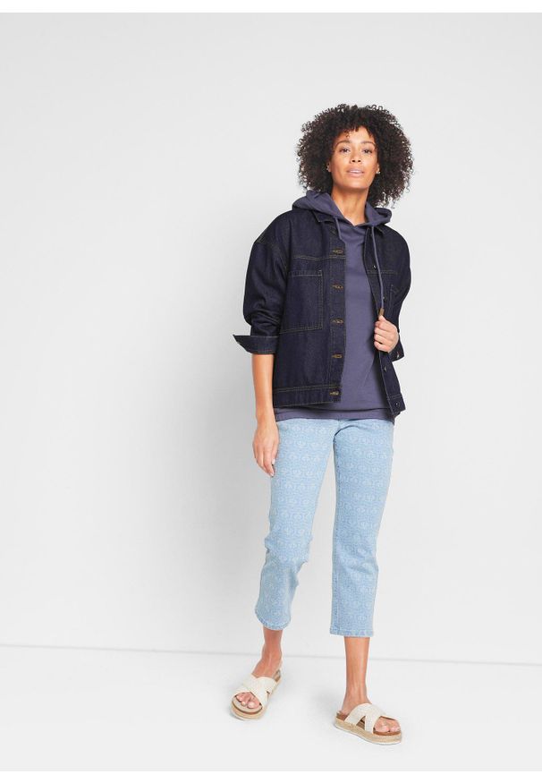 bonprix - Bluza z kapturem, z mieszanki bawełny. Typ kołnierza: kaptur. Kolor: niebieski. Materiał: bawełna. Długość rękawa: krótki rękaw. Długość: krótkie