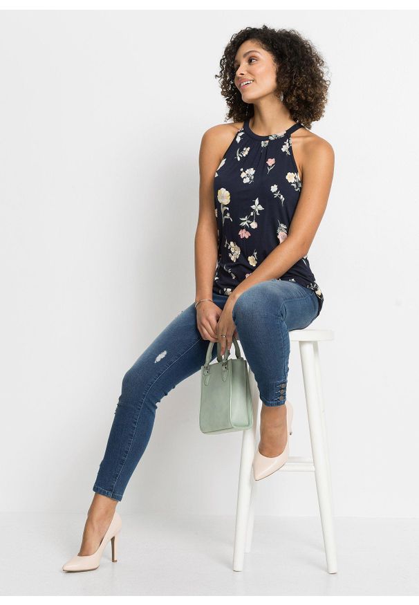 bonprix - Top z mieszanki wiskozy. Kolor: niebieski. Materiał: wiskoza, materiał. Wzór: nadruk
