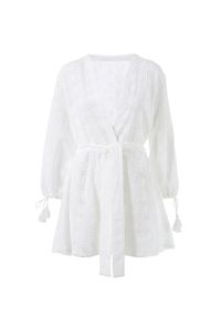 Melissa Odabash - MELISSA ODABASH - Biała sukienka mini Cecily. Kolor: biały. Materiał: bawełna, tkanina. Długość rękawa: długi rękaw. Wzór: haft, aplikacja, kwiaty. Długość: mini