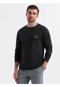 Ombre Clothing - Bawełniany longsleeve męski z dekoltem U w paski i haftem – czarny V4 - Rozmiar: XL. Kolor: czarny. Materiał: bawełna. Długość rękawa: długi rękaw. Wzór: haft, paski. Styl: sportowy