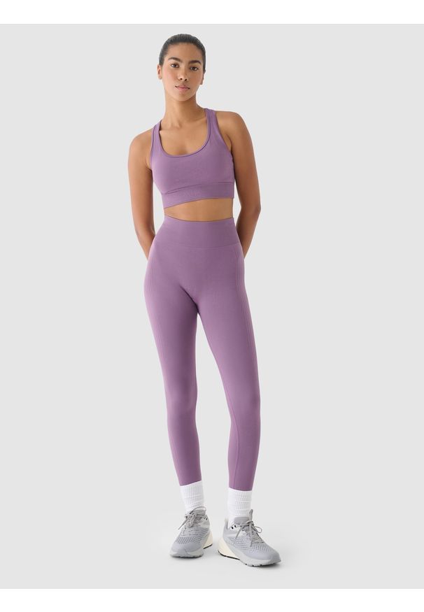 4f - 4F Legginsy treningowe bezszwowe z wysokim stanem damskie - fioletowe M/L. Stan: podwyższony. Kolor: fioletowy. Materiał: dzianina, materiał, syntetyk, włókno, elastan. Wzór: jednolity. Sport: fitness