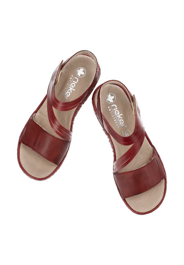 Czerwone Sandały Rieker Wygodne Obuwie Damskie. Okazja: na co dzień. Zapięcie: rzepy. Kolor: czerwony. Materiał: skóra. Styl: casual