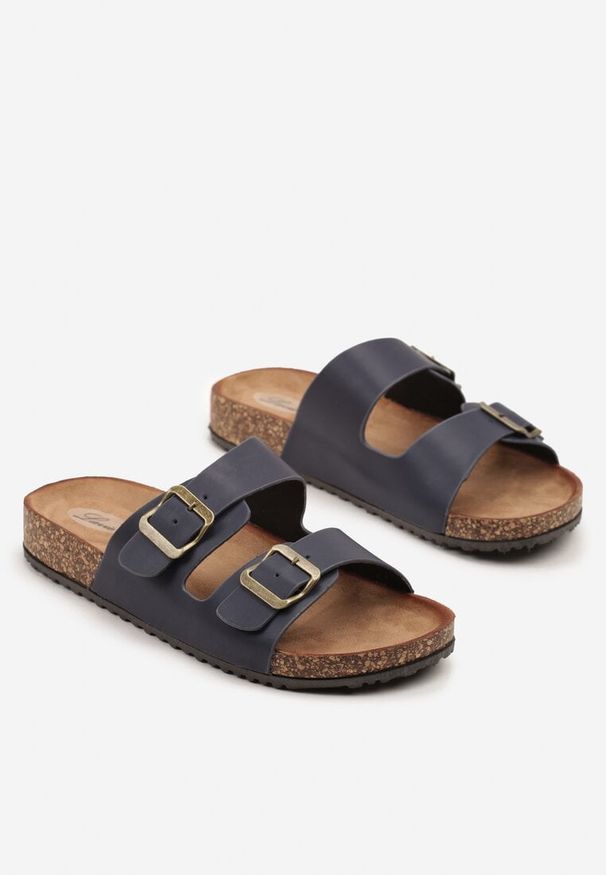 Renee - Granatowe Klapki z Dwoma Paskami i Klamrami Tuvera. Okazja: na co dzień. Kolor: niebieski. Obcas: na obcasie. Styl: elegancki, casual. Wysokość obcasa: średni