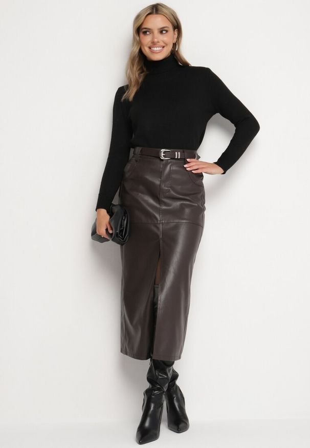 Born2be - Czarna Długa Spódnica High Waist z Imitacji Skóry z Dodatkowym Paskiem i Rozcięciem Wyneti. Okazja: na co dzień. Stan: podwyższony. Kolor: czarny. Materiał: skóra. Długość: długie. Styl: casual, elegancki, klasyczny