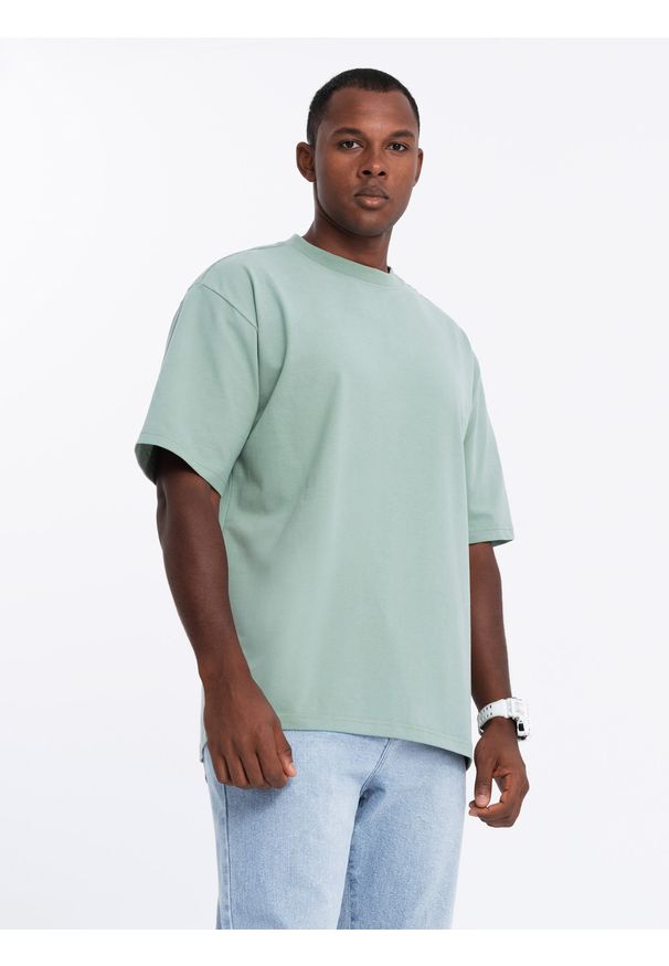 Ombre Clothing - T-shirt bawełniany męski LOOSE FIT z okrągłym dekoltem – miętowy V6 - Rozmiar: XL. Okazja: na co dzień. Kolor: miętowy. Materiał: bawełna. Styl: casual