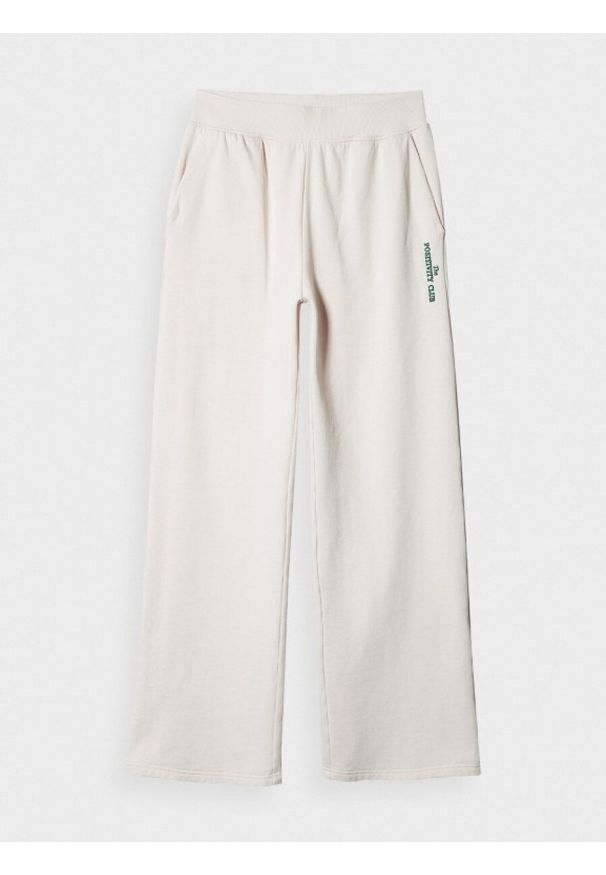 outhorn - Szerokie spodnie dresowe damskie - kremowe. Kolor: kremowy. Materiał: dresówka. Wzór: haft