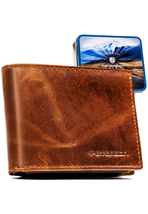 Jasnobrązowy portfel męski ze skóry naturalnej bez zapięcia zewnętrznego - Peterson. Kolor: brązowy. Materiał: skóra